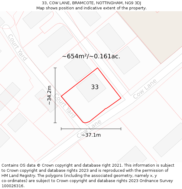 33, COW LANE, BRAMCOTE, NOTTINGHAM, NG9 3DJ: Plot and title map