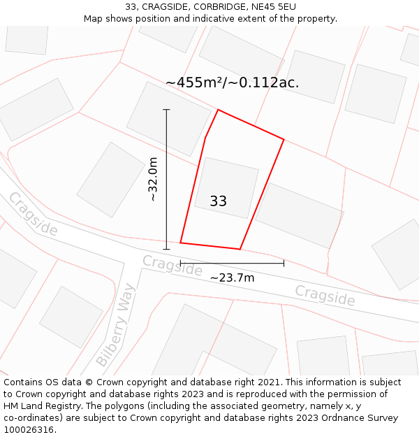 33, CRAGSIDE, CORBRIDGE, NE45 5EU: Plot and title map