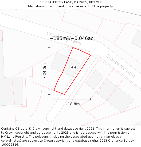 33, CRANBERRY LANE, DARWEN, BB3 2HF: Plot and title map