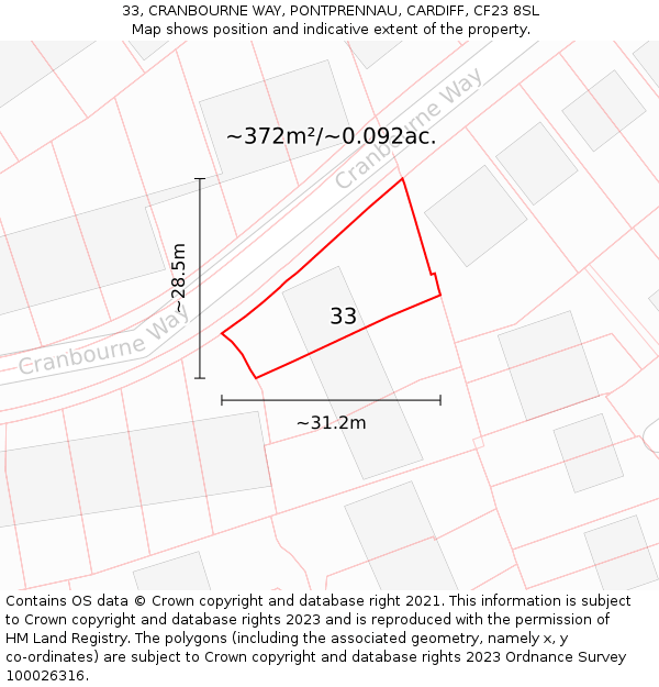 33, CRANBOURNE WAY, PONTPRENNAU, CARDIFF, CF23 8SL: Plot and title map