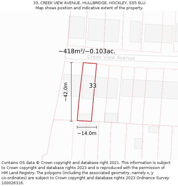 33, CREEK VIEW AVENUE, HULLBRIDGE, HOCKLEY, SS5 6LU: Plot and title map