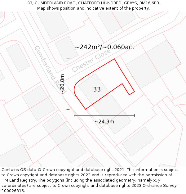 33, CUMBERLAND ROAD, CHAFFORD HUNDRED, GRAYS, RM16 6ER: Plot and title map