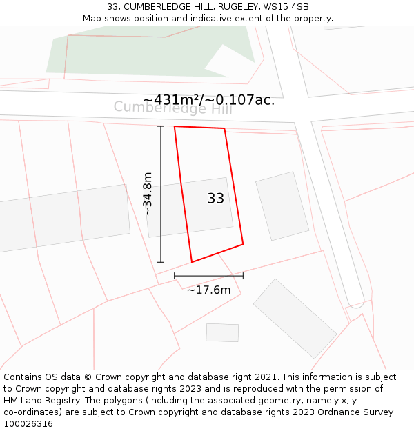 33, CUMBERLEDGE HILL, RUGELEY, WS15 4SB: Plot and title map