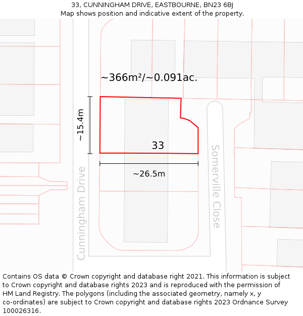 33, CUNNINGHAM DRIVE, EASTBOURNE, BN23 6BJ: Plot and title map