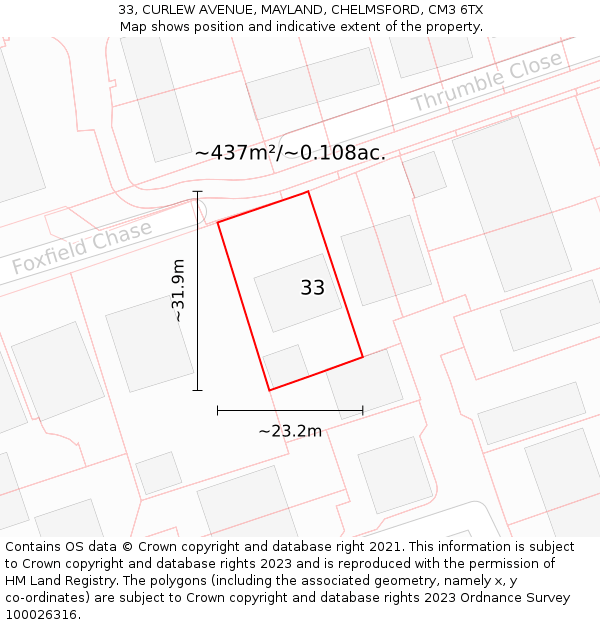 33, CURLEW AVENUE, MAYLAND, CHELMSFORD, CM3 6TX: Plot and title map