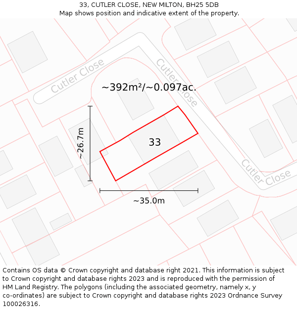 33, CUTLER CLOSE, NEW MILTON, BH25 5DB: Plot and title map