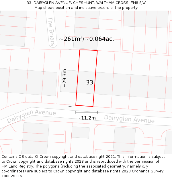 33, DAIRYGLEN AVENUE, CHESHUNT, WALTHAM CROSS, EN8 8JW: Plot and title map