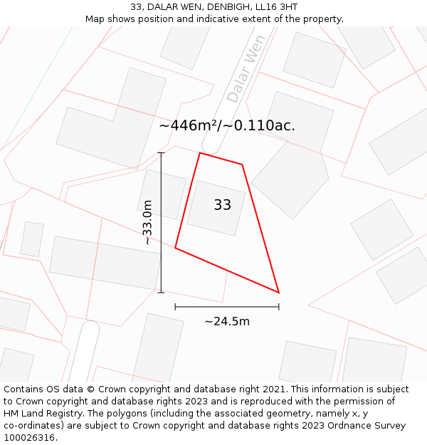 33, DALAR WEN, DENBIGH, LL16 3HT: Plot and title map