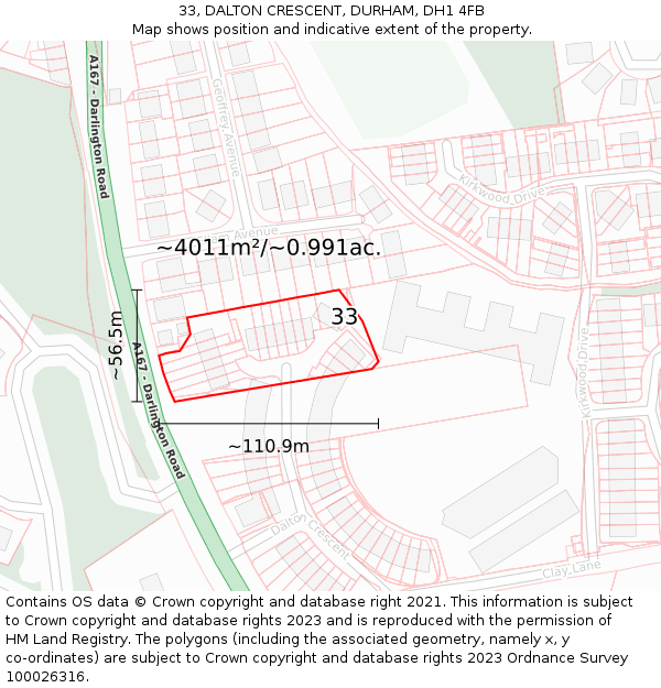 33, DALTON CRESCENT, DURHAM, DH1 4FB: Plot and title map