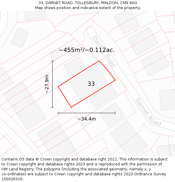 33, DARNET ROAD, TOLLESBURY, MALDON, CM9 8XG: Plot and title map