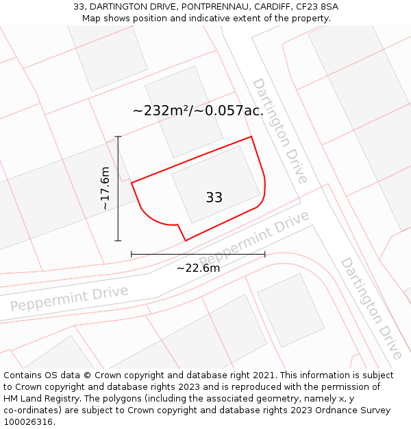 33, DARTINGTON DRIVE, PONTPRENNAU, CARDIFF, CF23 8SA: Plot and title map