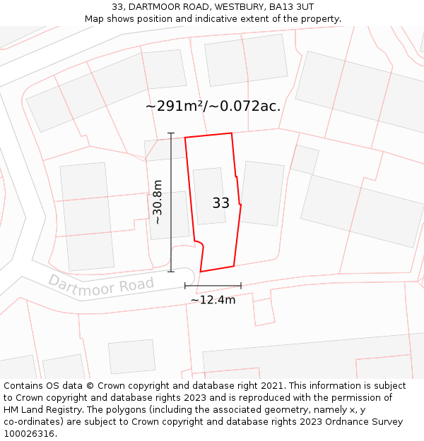 33, DARTMOOR ROAD, WESTBURY, BA13 3UT: Plot and title map