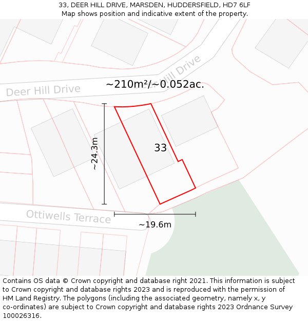 33, DEER HILL DRIVE, MARSDEN, HUDDERSFIELD, HD7 6LF: Plot and title map