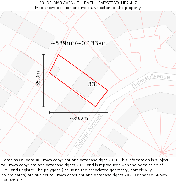 33, DELMAR AVENUE, HEMEL HEMPSTEAD, HP2 4LZ: Plot and title map