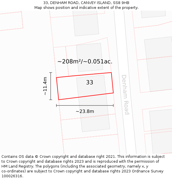 33, DENHAM ROAD, CANVEY ISLAND, SS8 9HB: Plot and title map