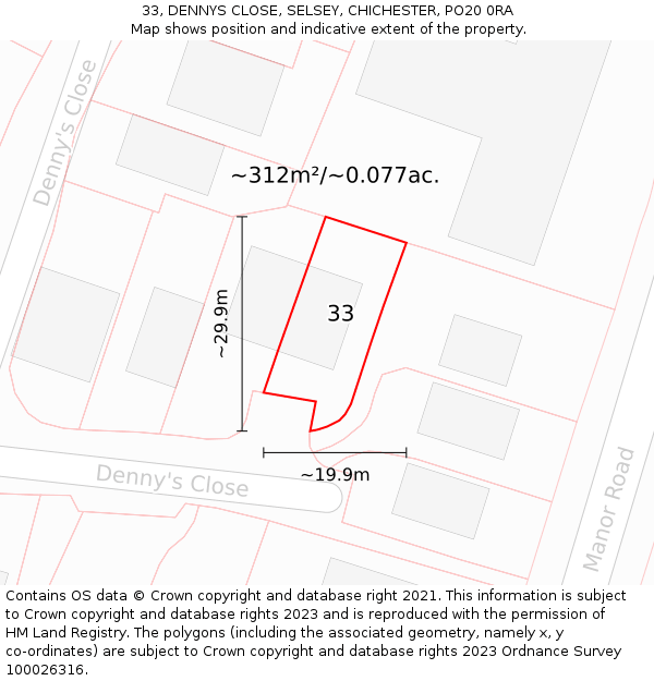 33, DENNYS CLOSE, SELSEY, CHICHESTER, PO20 0RA: Plot and title map