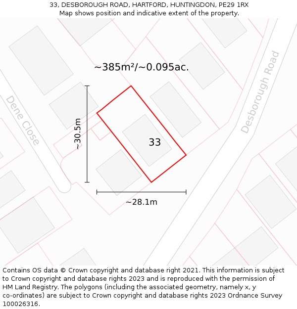 33, DESBOROUGH ROAD, HARTFORD, HUNTINGDON, PE29 1RX: Plot and title map