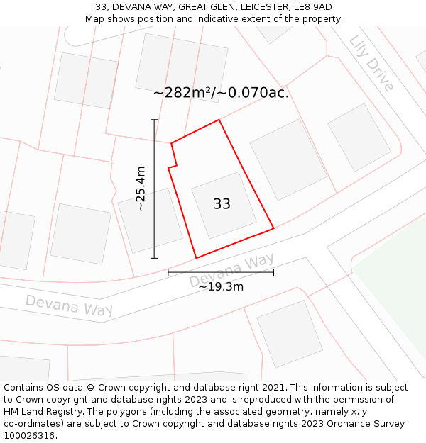 33, DEVANA WAY, GREAT GLEN, LEICESTER, LE8 9AD: Plot and title map