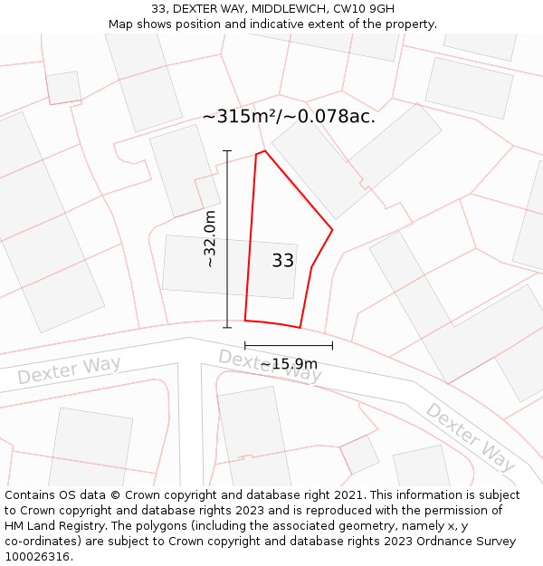 33, DEXTER WAY, MIDDLEWICH, CW10 9GH: Plot and title map