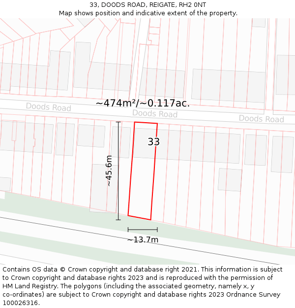 33, DOODS ROAD, REIGATE, RH2 0NT: Plot and title map