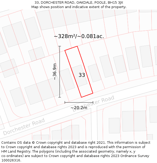 33, DORCHESTER ROAD, OAKDALE, POOLE, BH15 3JX: Plot and title map