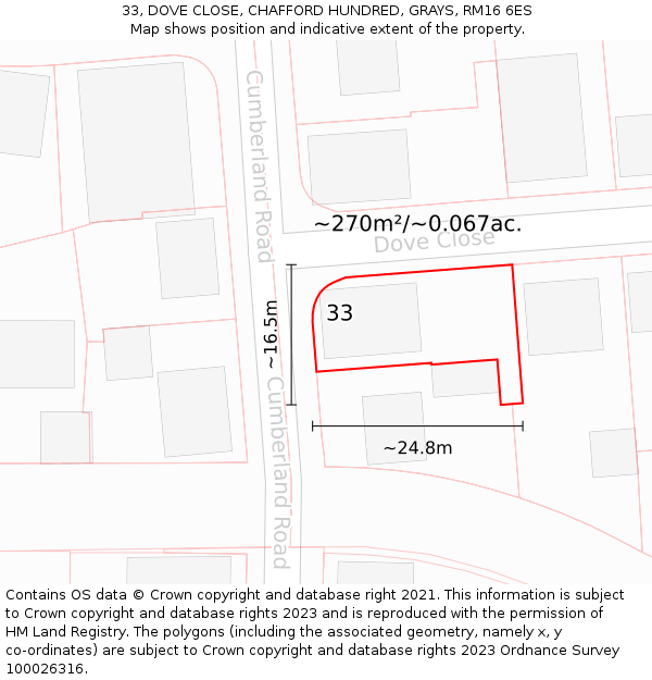 33, DOVE CLOSE, CHAFFORD HUNDRED, GRAYS, RM16 6ES: Plot and title map