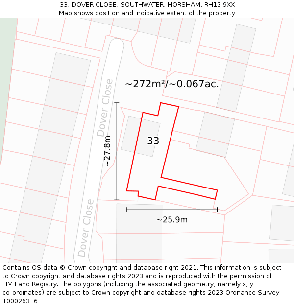 33, DOVER CLOSE, SOUTHWATER, HORSHAM, RH13 9XX: Plot and title map