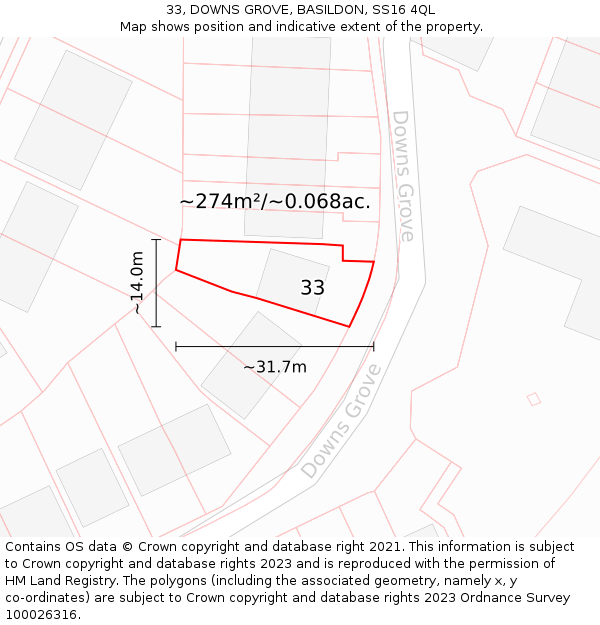 33, DOWNS GROVE, BASILDON, SS16 4QL: Plot and title map