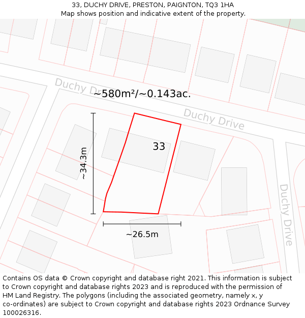 33, DUCHY DRIVE, PRESTON, PAIGNTON, TQ3 1HA: Plot and title map