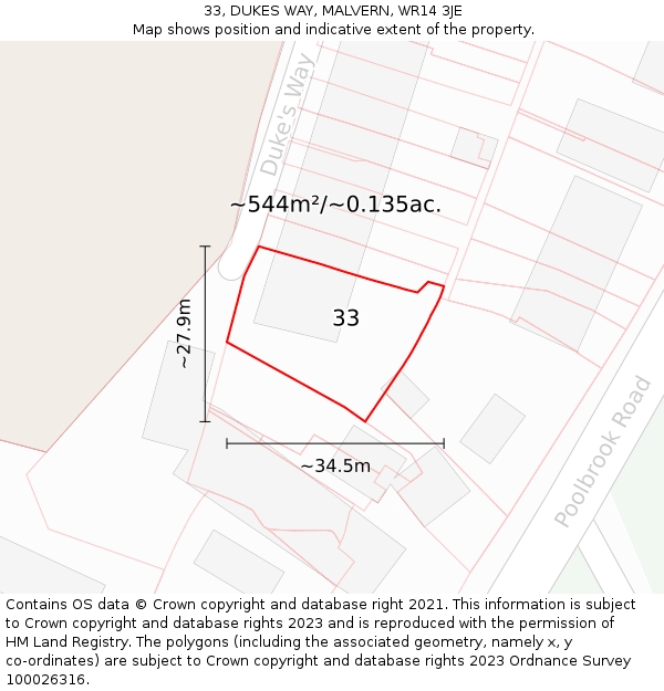 33, DUKES WAY, MALVERN, WR14 3JE: Plot and title map