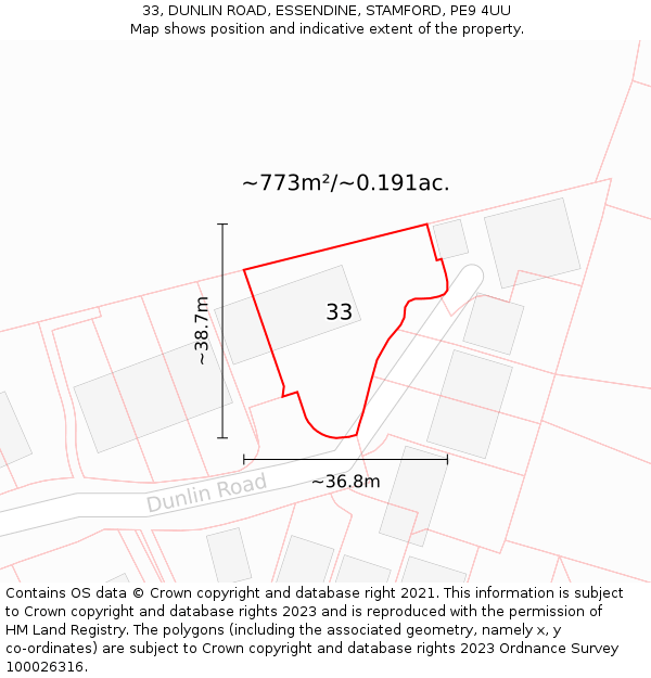 33, DUNLIN ROAD, ESSENDINE, STAMFORD, PE9 4UU: Plot and title map