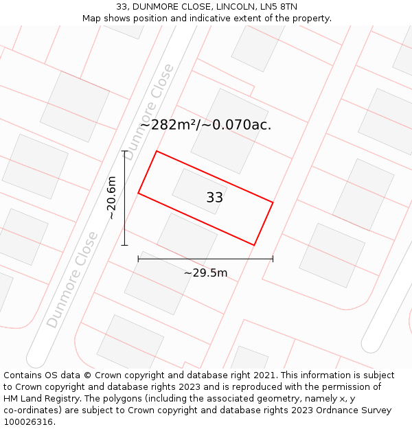 33, DUNMORE CLOSE, LINCOLN, LN5 8TN: Plot and title map