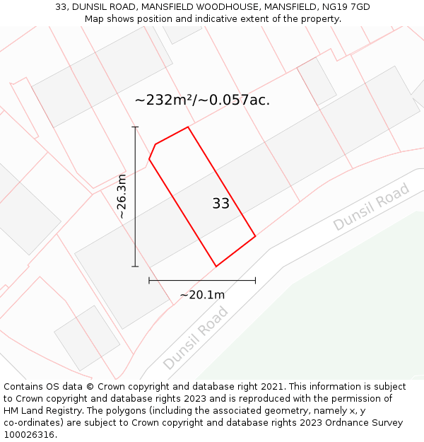 33, DUNSIL ROAD, MANSFIELD WOODHOUSE, MANSFIELD, NG19 7GD: Plot and title map