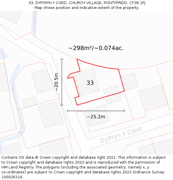 33, DYFFRYN Y COED, CHURCH VILLAGE, PONTYPRIDD, CF38 1PJ: Plot and title map