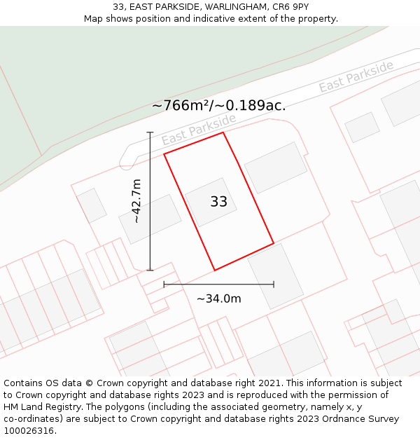 33, EAST PARKSIDE, WARLINGHAM, CR6 9PY: Plot and title map