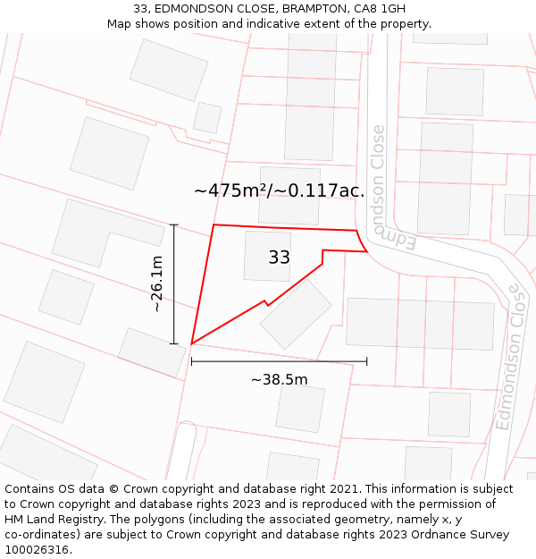 33, EDMONDSON CLOSE, BRAMPTON, CA8 1GH: Plot and title map