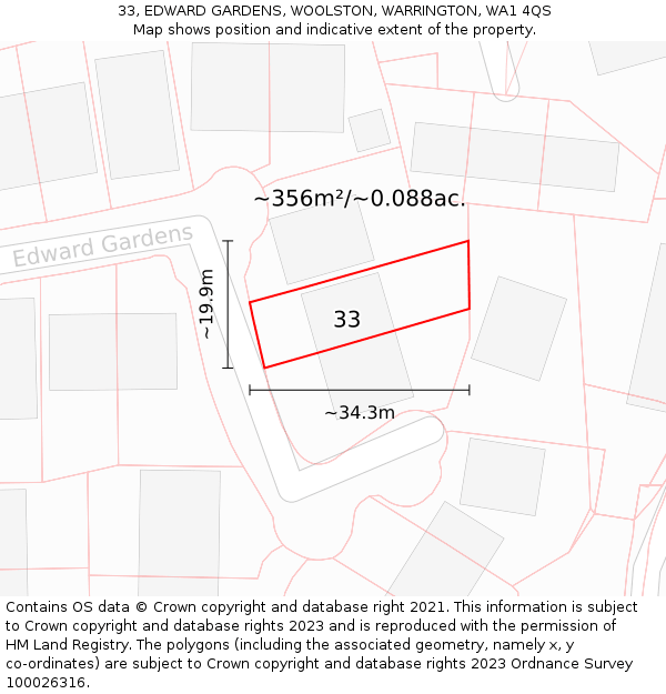 33, EDWARD GARDENS, WOOLSTON, WARRINGTON, WA1 4QS: Plot and title map