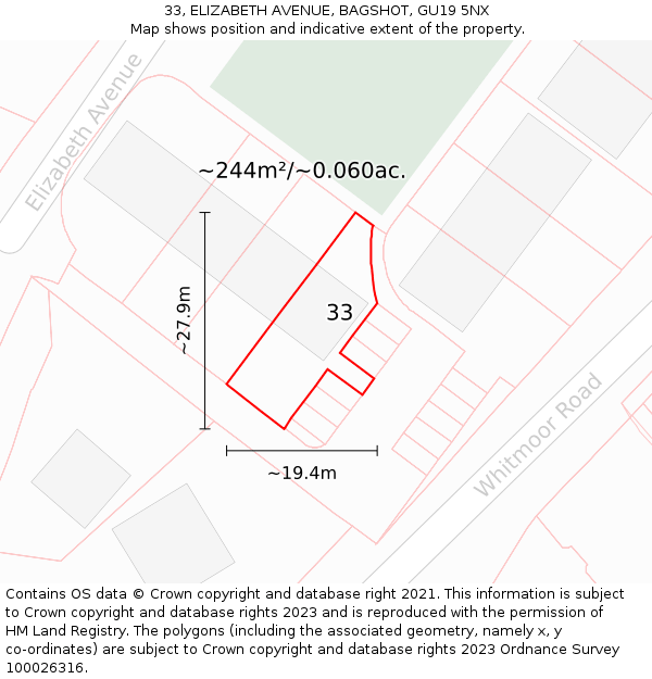 33, ELIZABETH AVENUE, BAGSHOT, GU19 5NX: Plot and title map