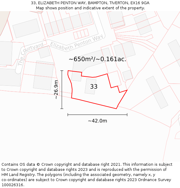 33, ELIZABETH PENTON WAY, BAMPTON, TIVERTON, EX16 9GA: Plot and title map