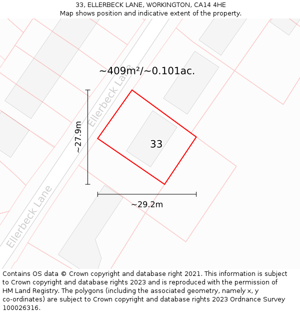 33, ELLERBECK LANE, WORKINGTON, CA14 4HE: Plot and title map