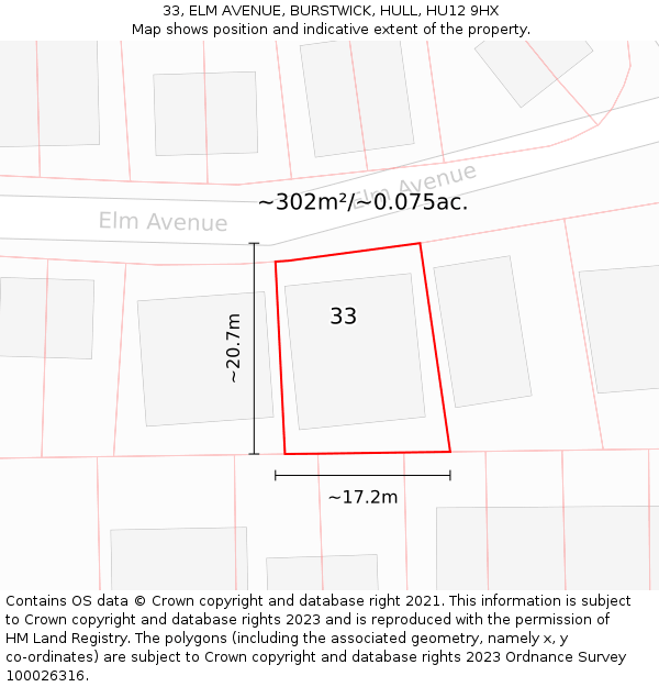 33, ELM AVENUE, BURSTWICK, HULL, HU12 9HX: Plot and title map