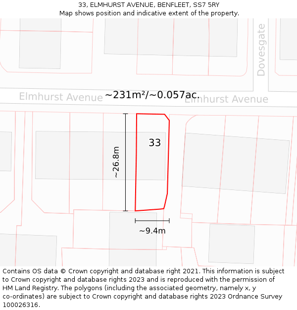 33, ELMHURST AVENUE, BENFLEET, SS7 5RY: Plot and title map