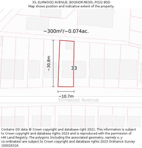 33, ELMWOOD AVENUE, BOGNOR REGIS, PO22 8DD: Plot and title map