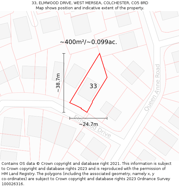 33, ELMWOOD DRIVE, WEST MERSEA, COLCHESTER, CO5 8RD: Plot and title map