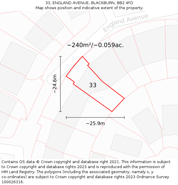 33, ENGLAND AVENUE, BLACKBURN, BB2 4FD: Plot and title map