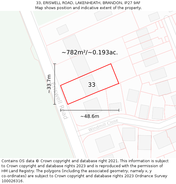 33, ERISWELL ROAD, LAKENHEATH, BRANDON, IP27 9AF: Plot and title map