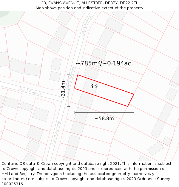 33, EVANS AVENUE, ALLESTREE, DERBY, DE22 2EL: Plot and title map