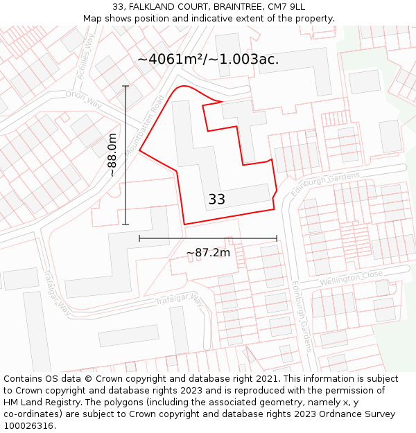 33, FALKLAND COURT, BRAINTREE, CM7 9LL: Plot and title map