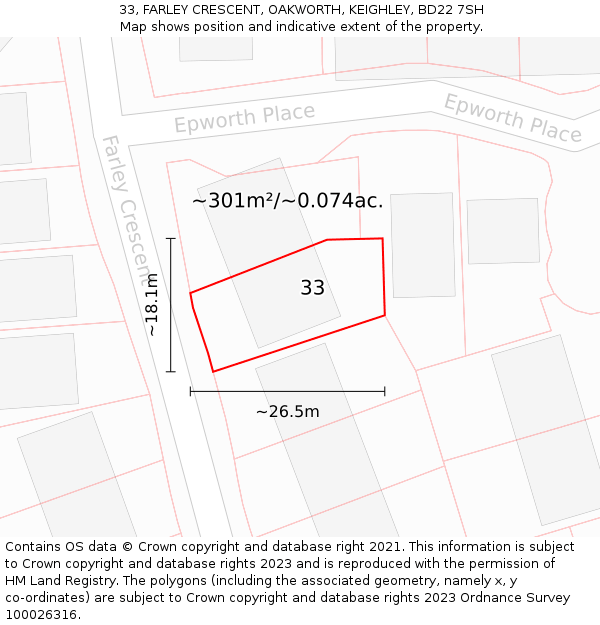 33, FARLEY CRESCENT, OAKWORTH, KEIGHLEY, BD22 7SH: Plot and title map