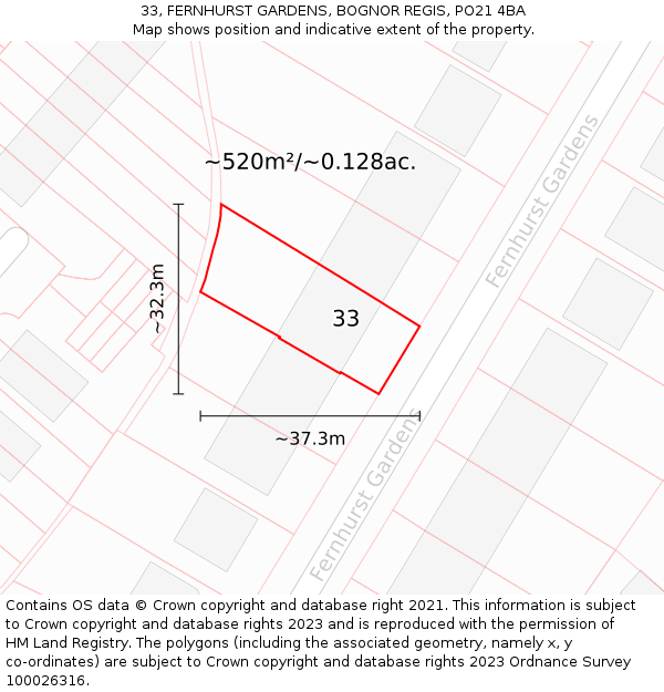 33, FERNHURST GARDENS, BOGNOR REGIS, PO21 4BA: Plot and title map